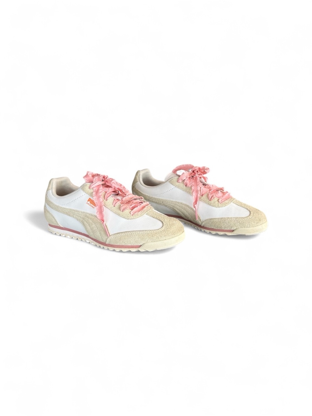 Puma Arizona Retro Sneakers in White/Beige with Pink Ribbon Laces | Women’s 7.5